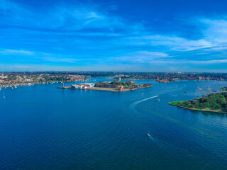 Fototapeta na wymiar Panoramic aerial drone view of Sydney CBD views from Woolwich NSW Australia