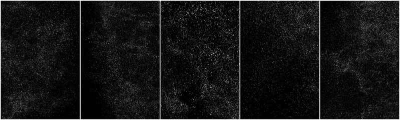 Set of distressed white grainy texture. Dust overlay textured. Grain noise particles. Snow effects pack. Rusted black background. Vector illustration, EPS 10.  