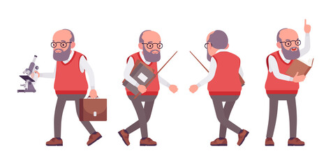 Old teacher, male senior professor, university, school, college tutor. Experienced elderly master, aged education supervisor tools. Vector flat style cartoon illustration isolated, white background