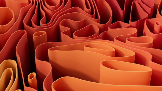 Abstract wallpaper created from Orange and Yellow 3D Ribbons. Multicolored 3D Render. 