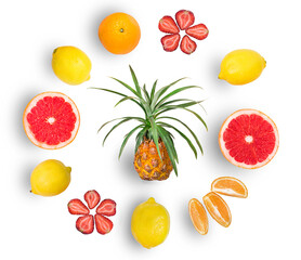 Isolated fruit composition of flying fruit, pineapple, lemon, grapefruit, orange, strawberry on a white background
