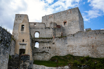 Stone gothic ruins of old medieval castle Rabi in National Park Sumava, ancient fortress in sunny spring day, landmark in countryside, stronghold on the hill, Rabi, Czech Republic