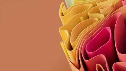 Orange and Pink 3D Ribbons arranged to create a Multicolored abstract background. 3D Render with copy-space. 