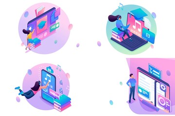 Set Of Web Design Isometry Templates. Online Learning. Vector Illustration