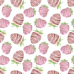 Watercolor seamless pattern, chocolate covered strawberries with a striped design of milk and pink chocolate on a white background