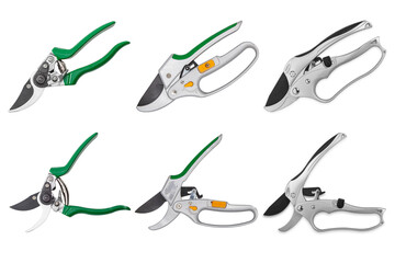 Set of tools, garden scissors isolated on white