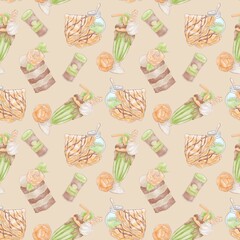 A seamless pattern of desserts _ a cake decorated with an orange rose, a kiwi cocktail with a donut, pancakes with chocolate sauce and jam, a jar of cinnamon on a beige background
