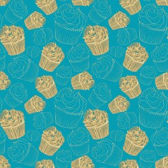 Seamless pattern of contoured shaded cupcake illustrations on turquoise background