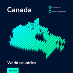 Fototapeta premium Stylized striped vector isometric map of Canada. Map of Canada is in neon green and mint colors on the dark blue background