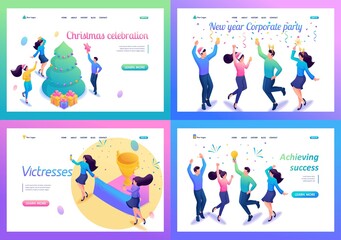 Set Landing Page Isometry. Templates. Team Celebrating a Success. Vector Illustration