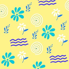 Fototapeta na wymiar Summer colourful pattern with yellow background ,funny linear pictures 