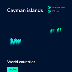 Stylized neon simple digital isometric striped vector Cayman Islands map, with 3d effect.  Map of Cayman Islands is in green, turquoise and mint colors on the dark blue background
