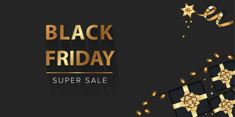 Black Friday sale ad banner with red balloons and satin bows.