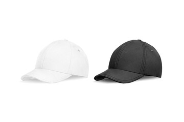 Blank black and white baseball cap mockup, half-turned view