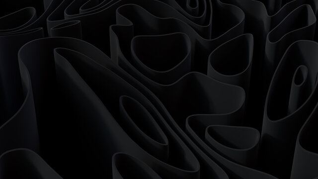 Abstract wallpaper created from Black 3D Waves. Dark 3D Render.  