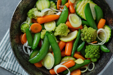 Vegan vegetables on pan on table