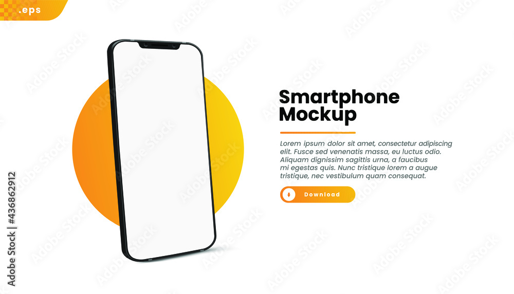 Poster Black realistic smartphone vector mockup on the yellow circle. 3d mobile phone with blank white screen. Modern cell phone template on gradient background.