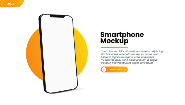 Black Realistic Smartphone Vector Mockup On The Yellow Circle. 3d Mobile Phone With Blank White Screen. Modern Cell Phone Template On Gradient Background.