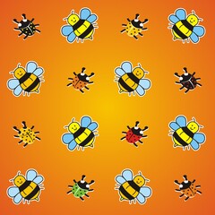 Wallpaper, ladybirds and bees on orange background, funny vector illustration