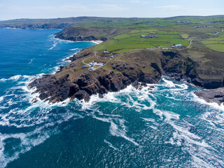 Pendeen lighthouse aerial drone cornwall england uk penwith