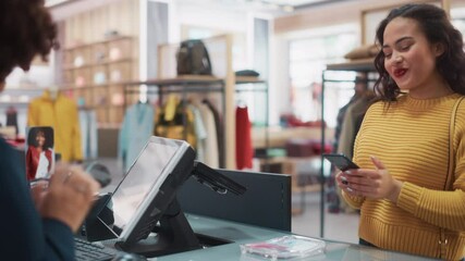 Clothing Store Checkout Cashier Counter: Woman and Male Retail Sales Managers Accept NFC Smartphone Payment from a Young Stylish Female Customer for Clothes and Pack Them in a Recyclable Bag. - Powered by Adobe