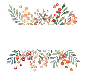Watercolor hand drawn banner of leaves branches and red berries isolated on white background. Floral illustration for design greeting cards, wedding invitations, packaging.