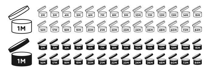 Cosmetic month life after opening black icon collection. Isolated packaging PAO symbols on white background. Cosmetic open month life shelf. Product expiration signs. Vector illustration.
