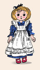 Cute vintage colored doll in dress and apron. Antique toys of the last century for kids. Vector hand drawn illustration.