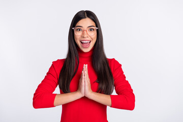 Photo of happy excited cheerful good mood young woman in glasses hold hands in anticipation...