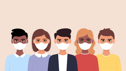 Group of people wearing medical mask to prevent from corona virus. Vector illustration.