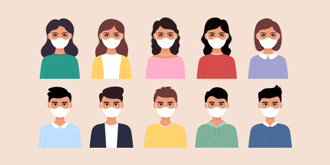 Set of man and woman wearing medical mask flat style icon design.	