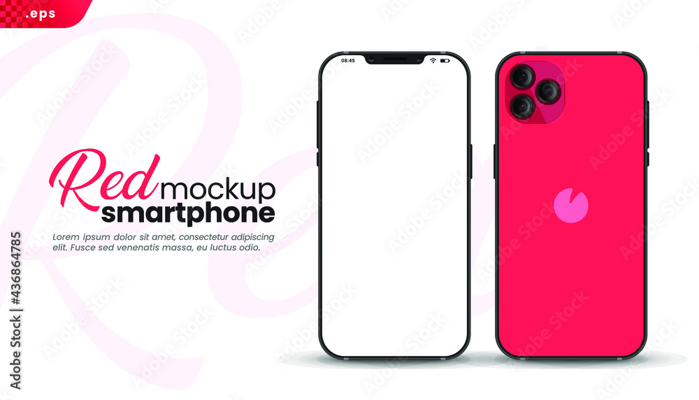 Poster Red Smartphone frame less blank screen, front and back. Mockup device. UI UX template for infographics or presentation 3D realistic phones.