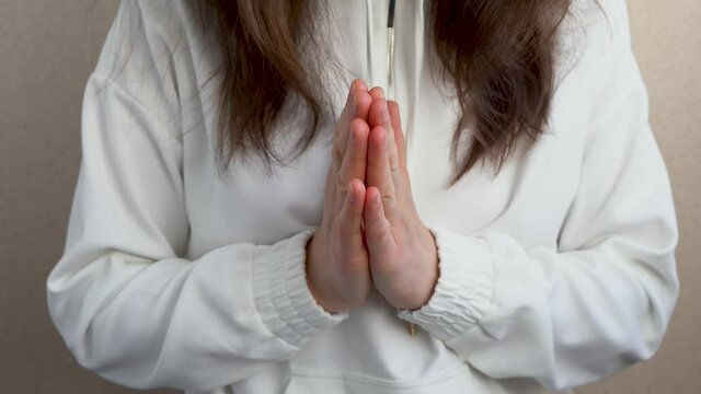 Greeting in yoga close-up. 4k video.