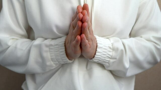 Greeting in yoga close-up. 4k video.