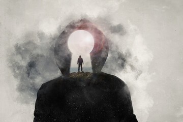A mental health, wellness concept. A mans head covered in clouds. With a double exposure of a mans...