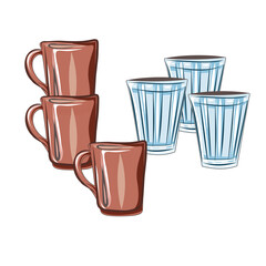 Clay mugs. Cup. Glass glasses. Kitchenware. Household utensils, comfort. Isolated vector objects.