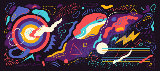 Colorful abstract composition with various hand drawn shapes. Vector illustration.	
