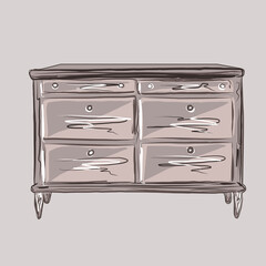 Wooden brown chest of drawers with storage boxes. Comfort, Interior design. Isolated vector objects.