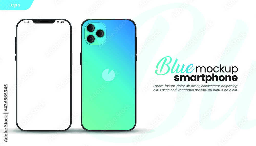 Poster Blue gradient smartphone frame less blank screen, front and back. Mockup device. UI UX template for infographics or presentation 3D realistic phones.