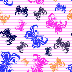 Fototapeta na wymiar Flying vivid butterfly silhouettes over horizontal stripes vector seamless pattern.