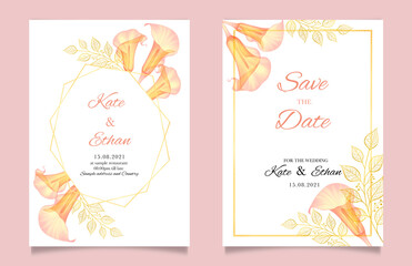 Set of postcards with a calla lily flower, a gold frame and gold leaves. The concept of wedding decoration is a geometric polygon in the Art Deco style for a wedding invitation Flower poster invite.