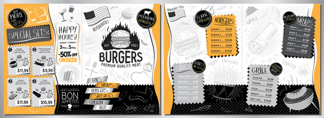 Burger bar menu template - A3 to A4 size (burgers, wraps, grill, sides, sets) - vector illustration