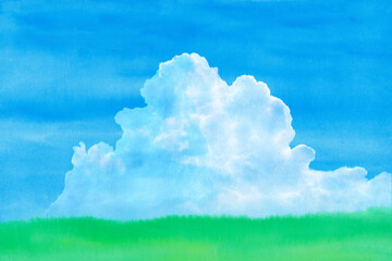 緑の草原に青空と夏雲水彩画
