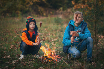 Two brothers roast hotdogs on sticks over flames in a campfire.
