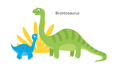 Vector cartoon dinosaur with baby isolated on white background. Brontosaurus.