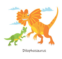 Vector cartoon dinosaur with baby isolated on white background. Dilophosaurus.