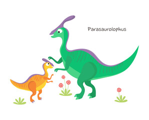 Vector cartoon dinosaur with baby isolated on white background. Parasaurolophus.