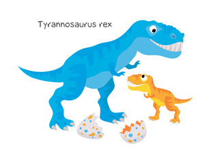 Vector cartoon dinosaur with baby isolated on white background. Tyranosaurus rex.