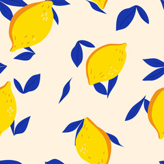 Vector hand drawn seamless pattern with lemons on the white background. Vector illustration. Natural fruit background.