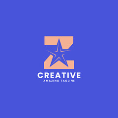 Orange negative space star on letter Z logo ini blue background